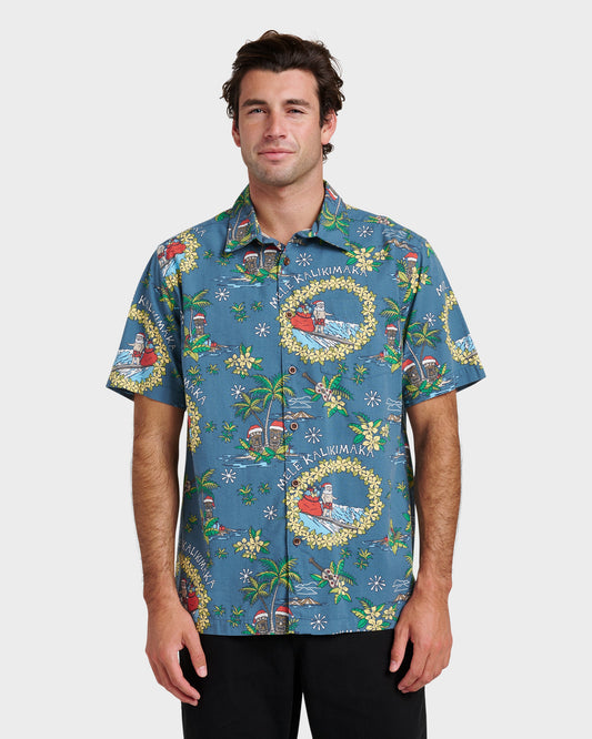 Waterman Surfing Santa Shirt - Real Teal Quick Silver Real Teal