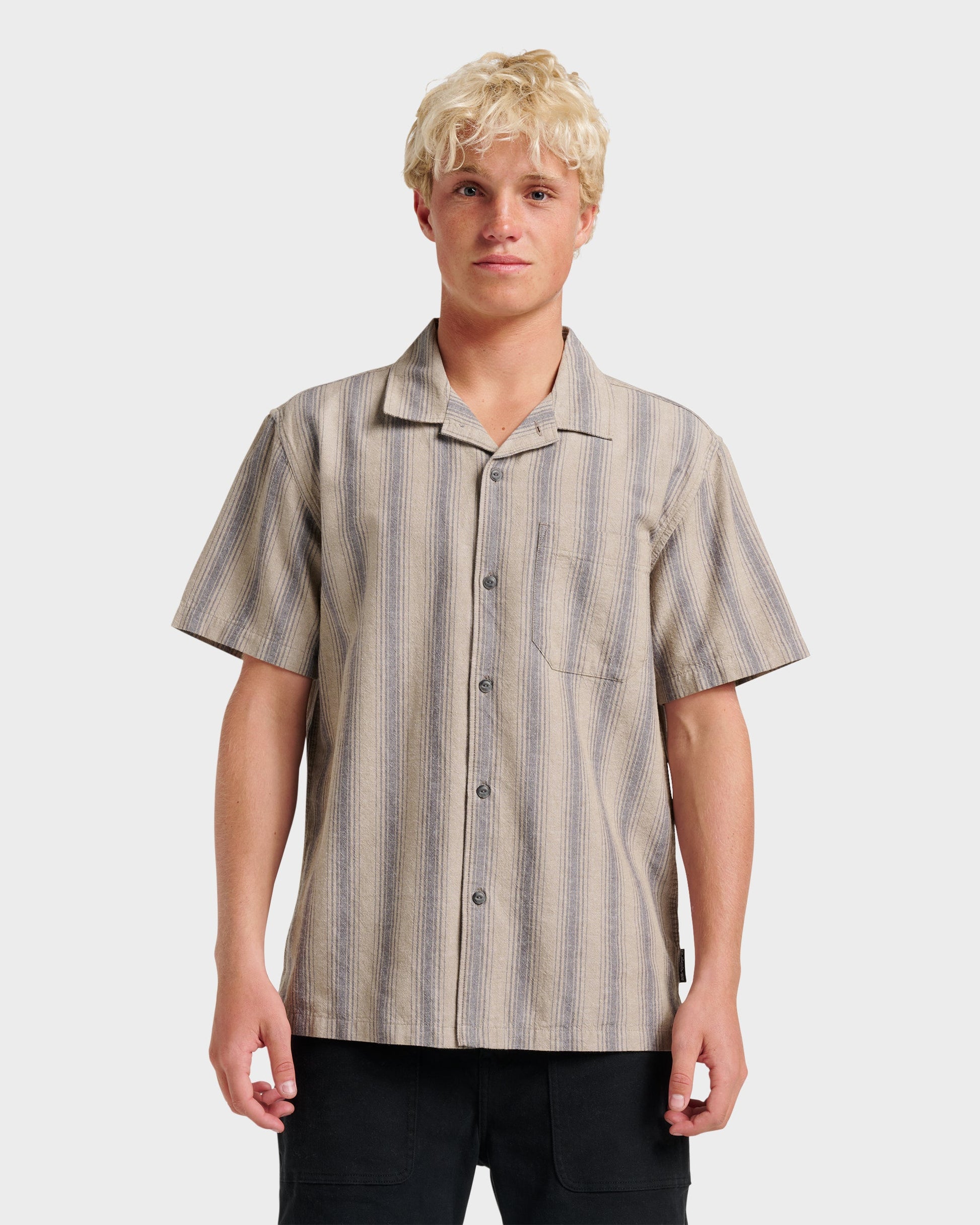 Oxford Stripe Casual Short Sleeve Shirt - Fallen Rock Quick Silver Fallen Rock