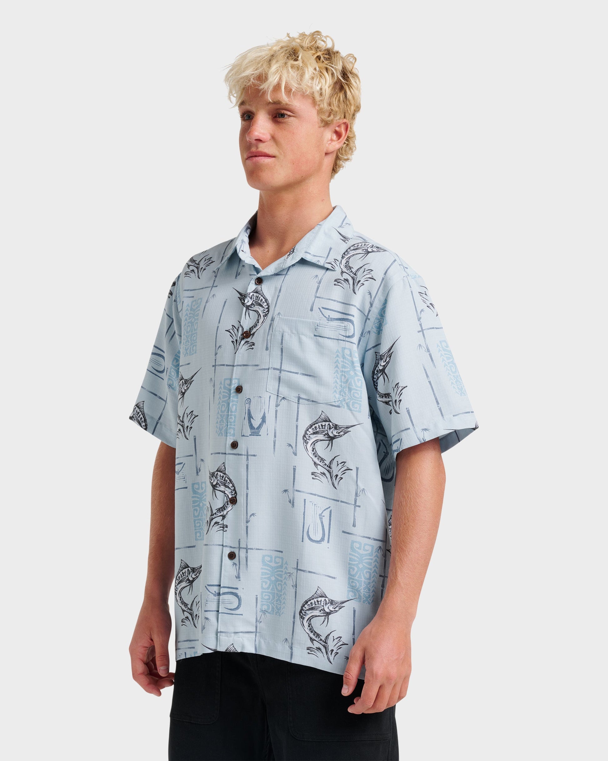 Waterman Big Day Short Sleeve Shirt - Ashley Blue Quick Silver Ashley Blue